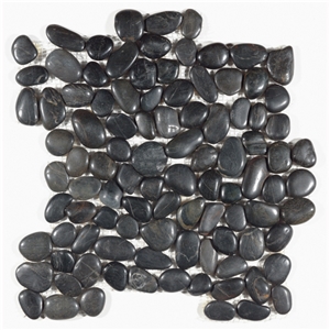 Black Pebble Stone on Net, Pebble Stone Tile for Floor Covering Pebble Stone