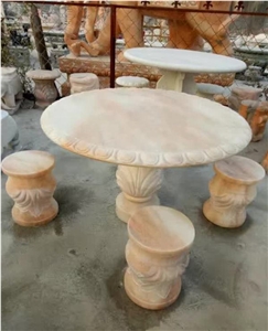 China Granite Pink Granite Garden Table & Chairs, Garden Stone Furniture