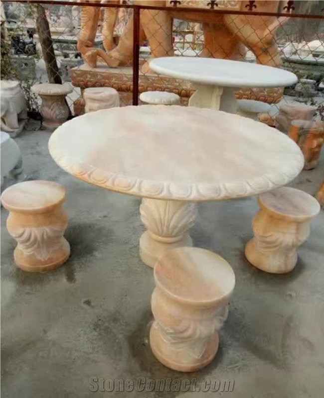China Green Marble Table Set Carved Edge, Garden Stone Table & Chairs