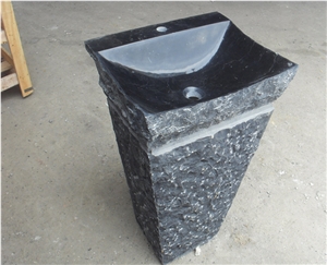 China Grey Polished Wood Marble Pedestal Basin for Bathroom Use