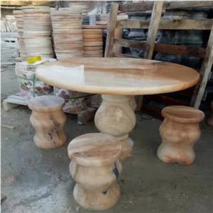 China Pink Marble Round Table & Chairs for Garden Furniture Use