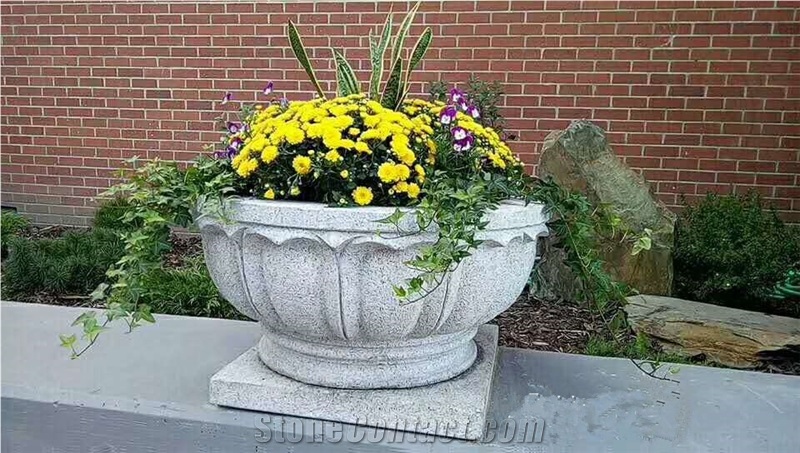 Exterior White Granite Flower Pot, Garden Flower Pot for Landscaping Decoration