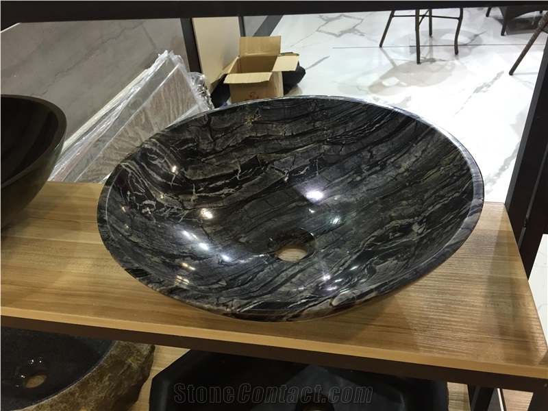 Natural Stone Ancient Wood Marble Basin, Wash Sink for Bathroom