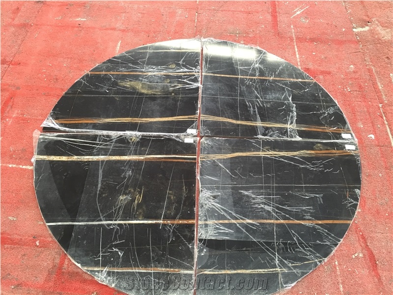 Natural Stone Sahara Noir Marble Bookmatched with Four Pieces Circle Flooring Tiles,Polished St.Laurent Black Marble