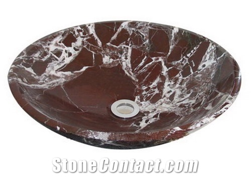 Red Rosso Levanto Marble Basin, Round Marble Wash Hand Basin for Bathroom
