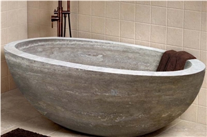 Silver Grey Traveltine Natural Stone Freestanding Bathtub
