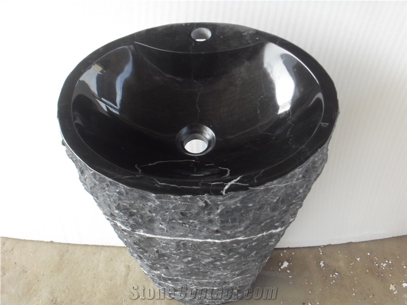 Split Finish Marble Pedestal Basin Black Marquina Pedestal Natural Face Basin for Bathroom