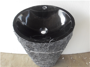 Split Finish Marble Pedestal Basin Black Marquina Pedestal Natural Face Basin for Bathroom