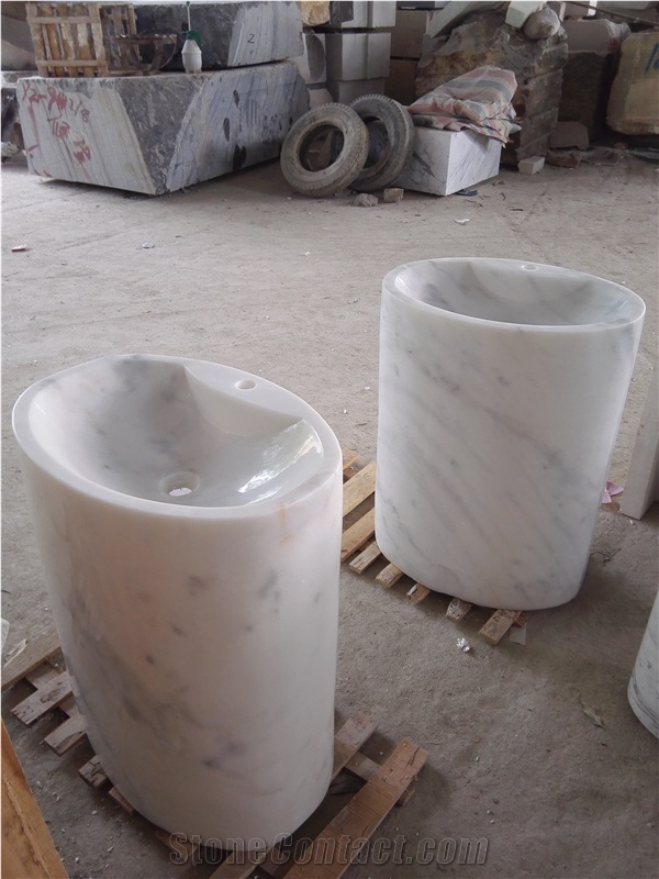 White Marble Pedestal Oval Basin Volakas Marble Pedestal Basin for Bathroom