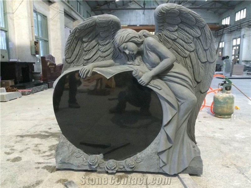 Black Granite Angel Heart with Flowers Headstones, Reclining Angel Heart Monuments, Quality Angel Cemetery Headstones, Angel Grave Monuments