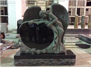 Black Granite Angel Heart with Flowers Headstones, Reclining Angel Heart Monuments, Quality Angel Cemetery Headstones, Angel Grave Monuments