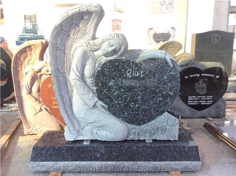 Blue Pearl Granite Angel Holding Heart Headstones, Angel Tombstones Designs, Carved Angel Monuments, Angel Grave Markers, Top Quality Angel Memorials