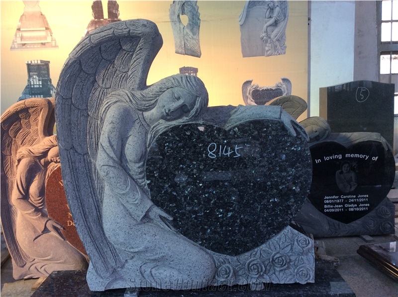 Blue Pearl Granite Angel Holding Heart Headstones, Angel Tombstones Designs, Carved Angel Monuments, Angel Grave Markers, Top Quality Angel Memorials