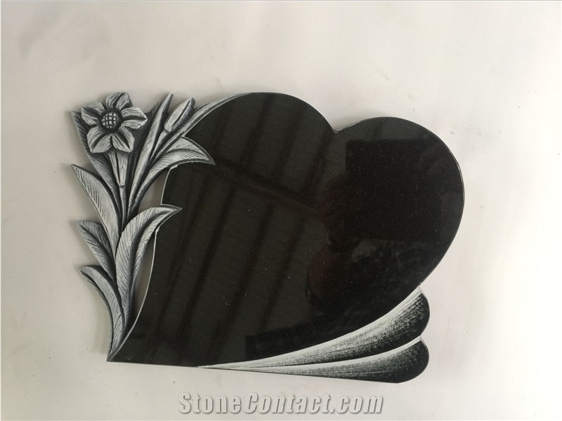China Factory Direct Portugal Style Headstone, Line Carving Plaque, Abosulte Shanxi Black Granite Heartshape Monuments Wholesale