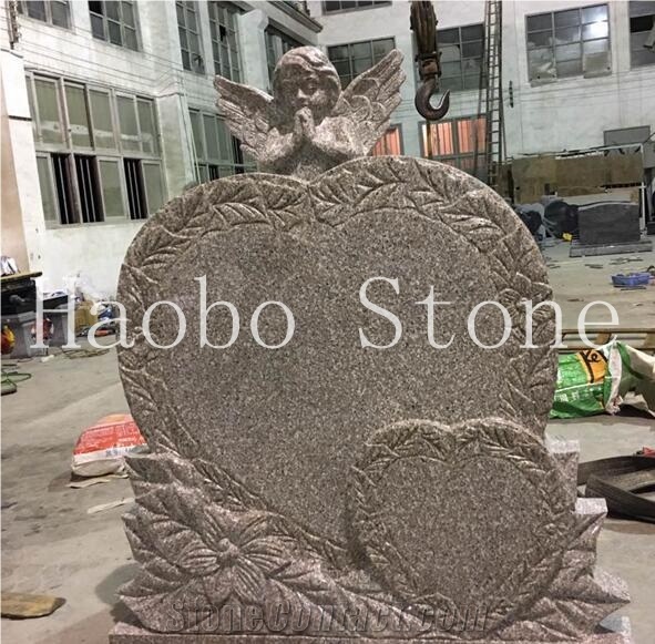 China Quarry Natural Pink Granite Carved Double Heart Shape Monument Design for Cemetery,Antique Tombstone,Custom Cheap Gravestone,Wholesale Price