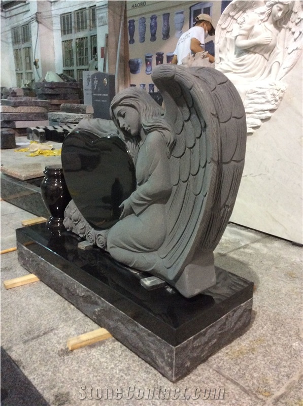 China Shanxi Black Granite Single Angel Heart Headstones, Affordable Indian Black Granite Angel Monuments, Hand Carved Angel Gravestones