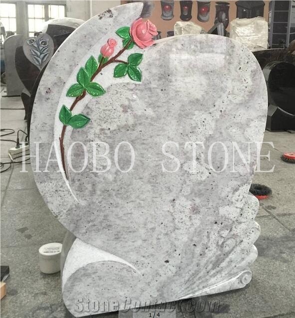 Custom High Quality Best Price Tombstone Seller China Quarry Natural Stone Headstone Memorials Kashmir White Granite Monument with Carved Rose Design
