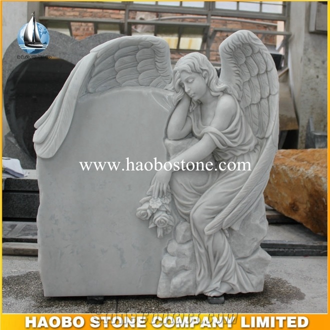 Direct Sale Han White Marble Gravestone with Angel Sculpture Design Monument Headstone European Style Memorial Statues Headstone Cemetery Monument
