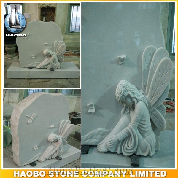 European Style Upright Headstone White Marble Dragonfly Fairy Carved Gravestone with Angel Sculptured Monument Custom Monuments Cemetery Tombstones