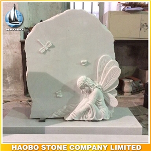 European Style Upright Headstone White Marble Dragonfly Fairy Carved Gravestone with Angel Sculptured Monument Custom Monuments Cemetery Tombstones