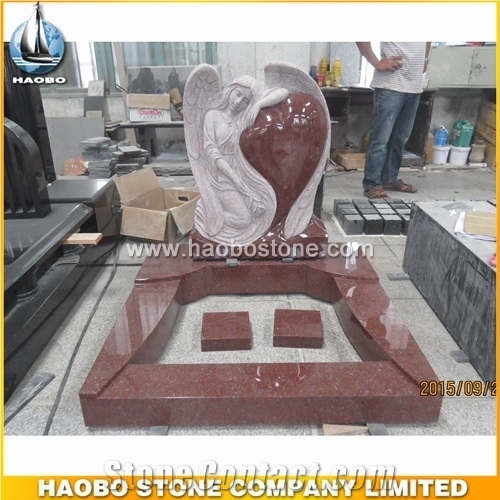 High Polished Natural Red Weeping Angel Tombstones Designs with Carved Heart Shapes,Chinese Granite Headstones,Cemetery Grave Memorial Monument Prices