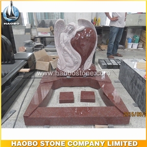 High Polished Natural Red Weeping Angel Tombstones Designs with Carved Heart Shapes,Chinese Granite Headstones,Cemetery Grave Memorial Monument Prices