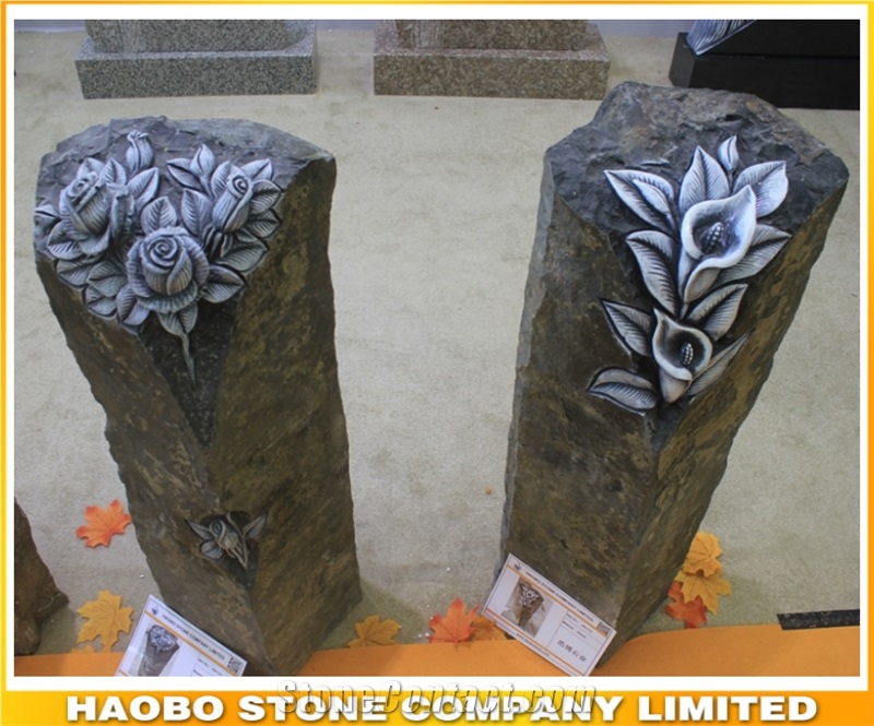 High Quality China Customize Upright Basalt Rose Etching Gravestone,Headstone Sign for Cemetery Bench,Cheap Large Tombstone Price,Wholesale Factory