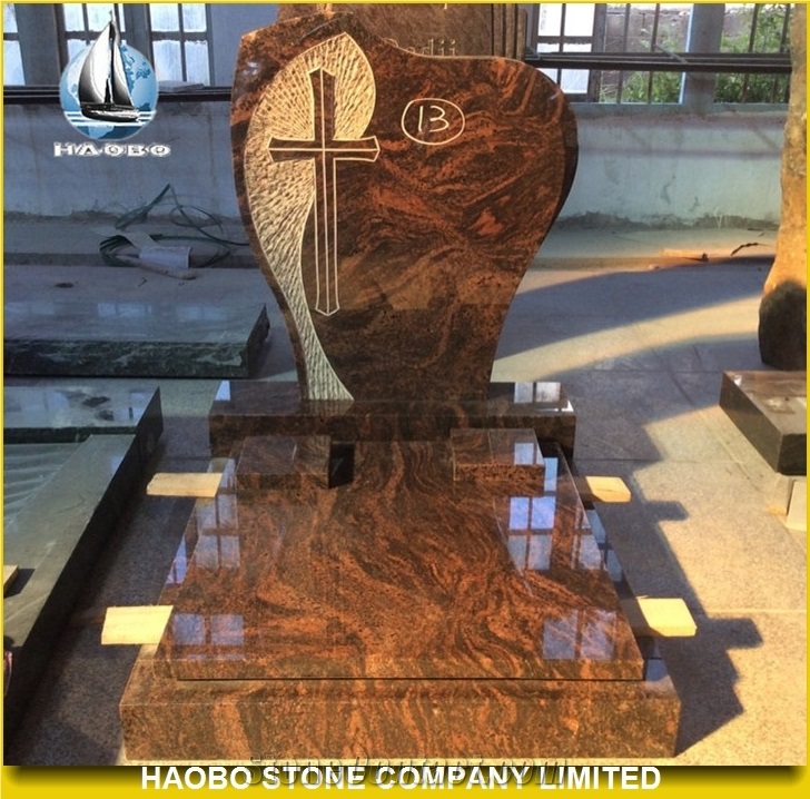 India Aurora Granite Polished Full Cover Memorial with Angel Sculpture, Book Statue, Cover and Kerbs Tombstone with Vase