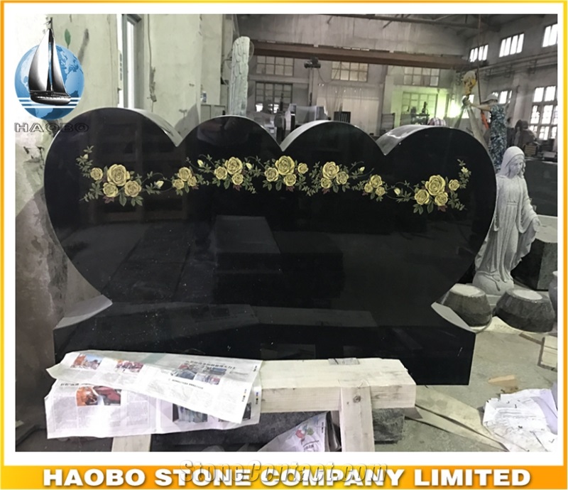 Natural Stone Customize Price Black Granite Double Heart Shaped Grave Monument Slab,Cheap Upright Tombstone Sign for Cemetery Bench,Antique Headstone