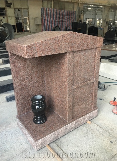 Polished Natural Stone China Manufactoryvermilion Pink Granite Tombstone with Black Vase,Kenora,Canada,Western Style Monument for Memorial Usage