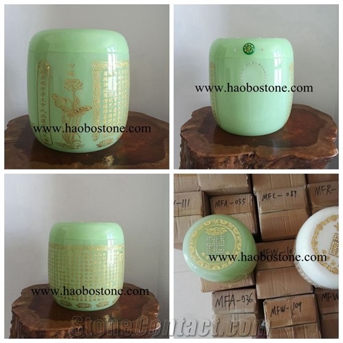 Polished Natural Stone China Quarry Delicate Green Coloured Glazed Cremation Urns ,Mini Urns for Human Ashes,Wholesale Price,Factory Supply