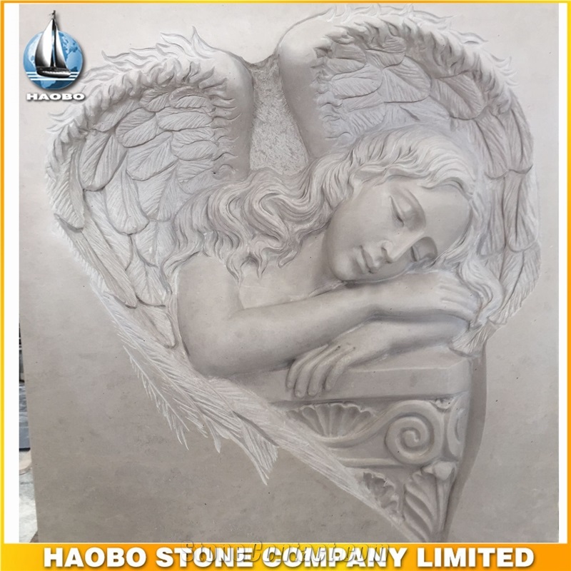 Upright Headstone Haley Beige Marble Gravestone Handcrafts Monument with Ange Sculpture Design Headstone Western Style Cemetery Tombstone