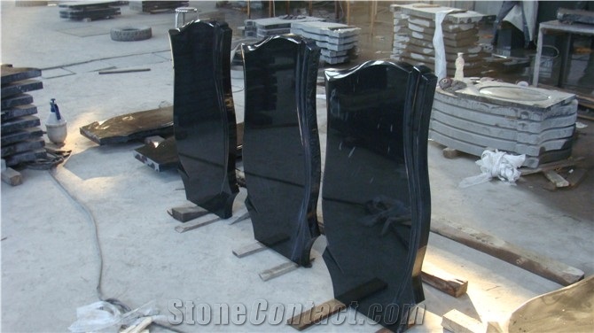 Black Granite Headstone for Russian Market -Kerbs, Granite Tombstone, Black Flower Beds-100x50x5cm Wiht Flower Tops Vase-Polished Surface