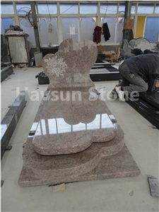 Indian Juparana Tombstone/Monument for Europe Market, European Style Juparana Granite Monuments with Flower Carving
