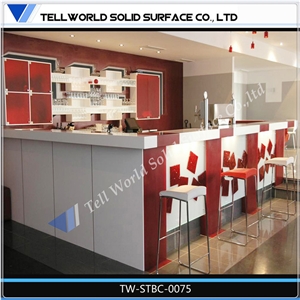 China Red Style Corian Stone L Shape Hotel Bar Top Design