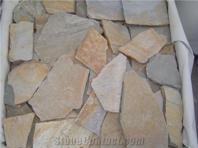Beige Quartzite Random Flagstones Paver, Golden Quartzite Irregular Flagstone Stone, Random Flagstone Courtyard Paving , Raw Material , Irregular