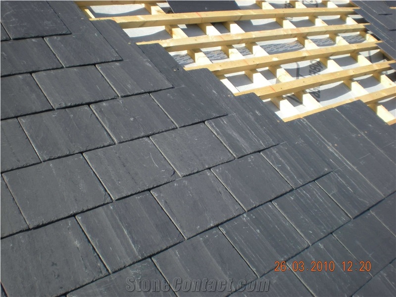 Rectangular Black Slate Roofing Tile, Sides Natural Split and Cut , with Pre-Drilled Holes,Honed Surface and Natural Surface, Black Slate Roof Tiles .