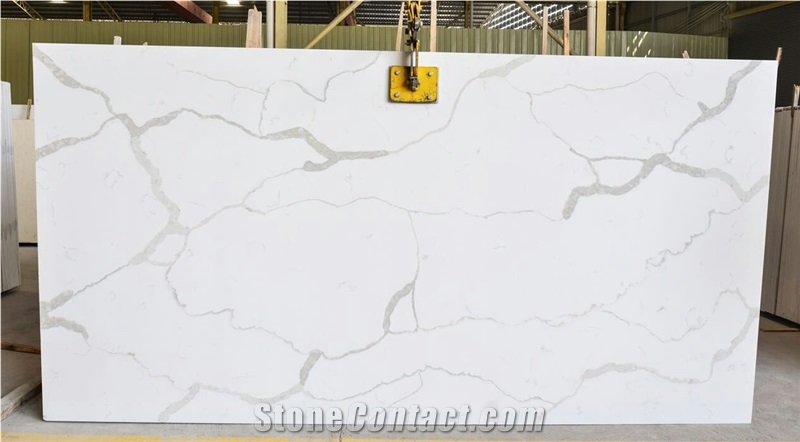 Calacatta Marble Look White Statuario-Classic South Beach White Statuario Venato White Aran Quartz Stone Slab with Grey Veins
