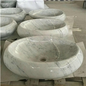 Bianco Carrara Oval Sink, Polished Marble Bath Basin, Natural Stone Wash Basin, Carrara Vessel Sinks