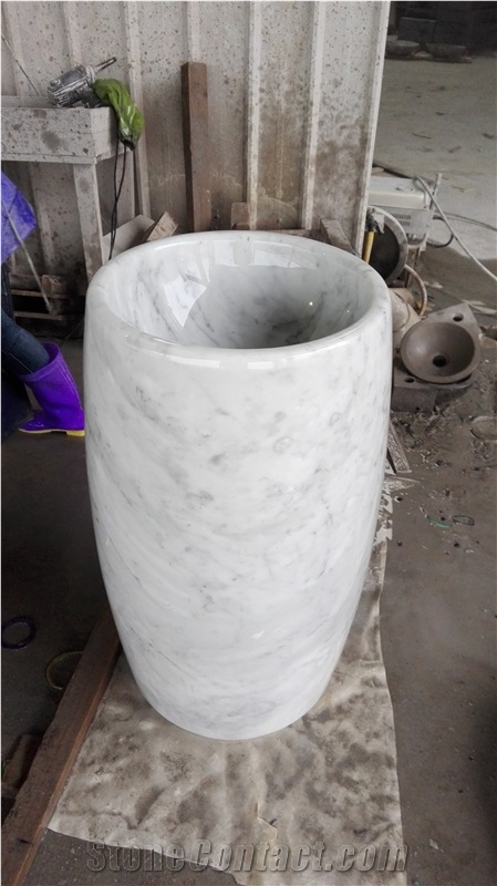 Bianco Carrara White Marble Pedestal Sink,Round Pedestail Basins,Italy Carrara White Marble Bathroom Vessel Sink,