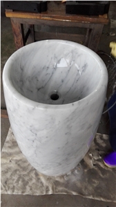Bianco Carrara White Marble Pedestal Sink,Round Pedestail Basins,Italy Carrara White Marble Bathroom Vessel Sink,