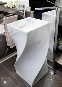 Carrara White Marble Pedestal Sink,Bianco White Marble Pedestal Basins,Granite Bathroom Wash Bowls,Italy White with Grey Gain Marble Vessel Sink