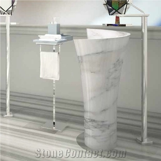 Carrara White Marble Pedestal Sink,Bianco White Marble Pedestal Basins,Granite Bathroom Wash Bowls,Italy White with Grey Gain Marble Vessel Sink