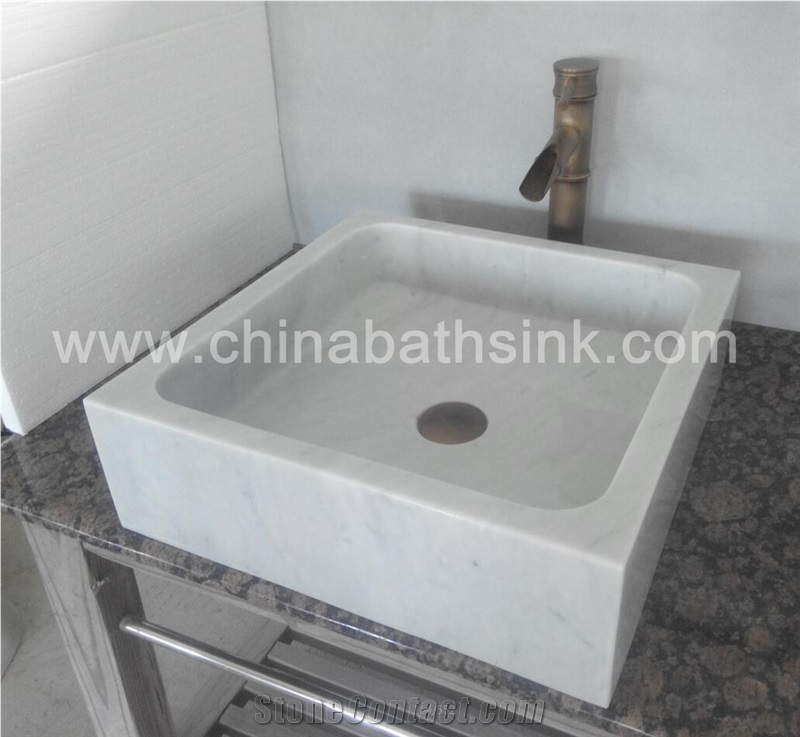 Carrara White Marble Square Sink,Stone Vessel Sink, Carrara White Wash Basin