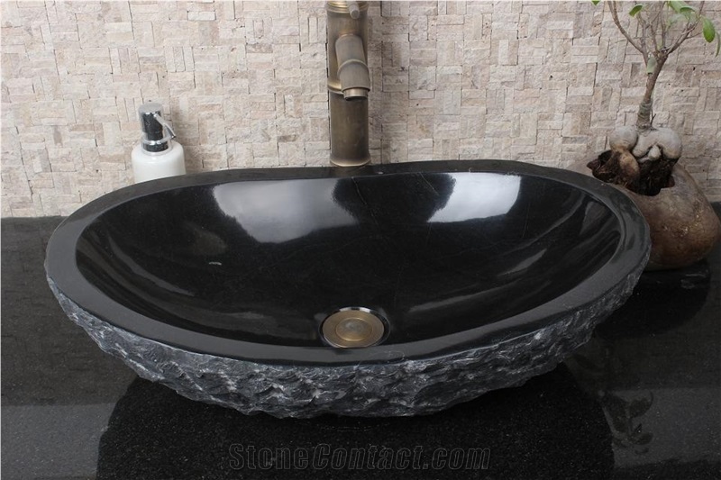 China Black Granite Round Sinks,Absolutely Black Granite Vessel Sink,Outside Natural Split Oval Washing Basin