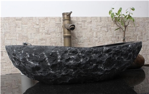 China Black Granite Round Sinks,Absolutely Black Granite Vessel Sink,Outside Natural Split Oval Washing Basin