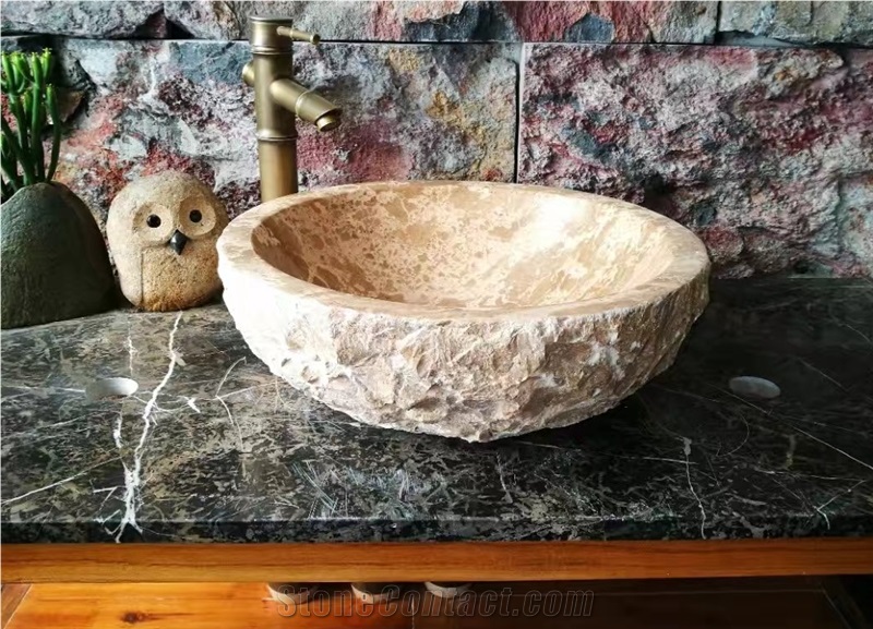 Classic Cream Marble Round Vessel Sink, Stone Bowl, Vessl Sink.
