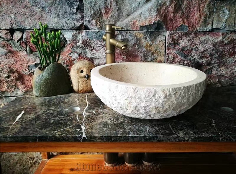 Classic Cream Marble Round Vessel Sink, Stone Bowl, Vessl Sink.