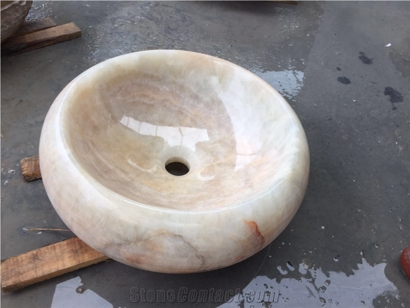 Honey Onyx Round Vessel Sink, Stone Bowl,Marble Sink, Granite Sink
