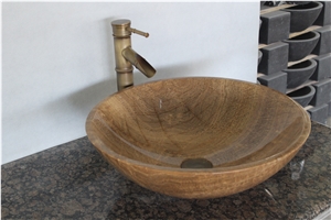 Wood Grain Onyx Bath Sink,China Golden Brown Onyx Vessel Sink,Polished Round Shaped Basins,
